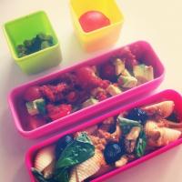 Pasta bento with salad and a plum